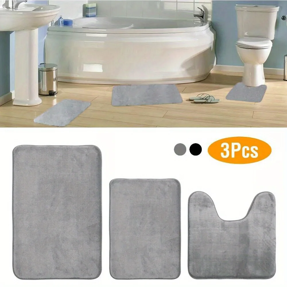 3PCS Memory Bathroom Rug Absorbent Bath Mat Set Non Slip Soft Toilet Rug Cover