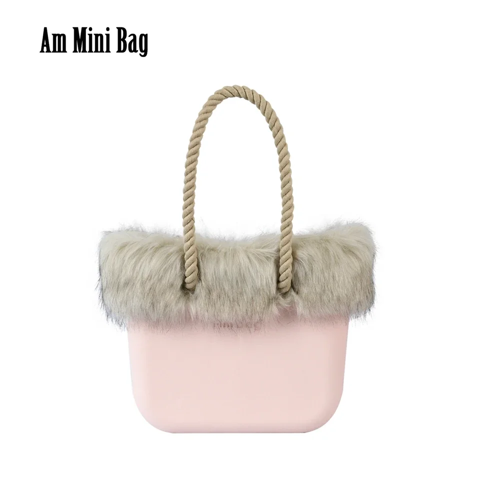 

2022 New Winter Women Ambag Mini Bag Body with Beige Organizer Faux Fox Fur Furry Trim Long Rope Handles Obag O Style Handbag