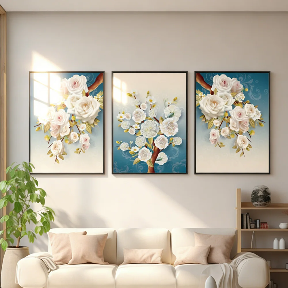 3 Panel Floral Wall Art, 16x24 Inch Colorful Flower Framed Prints Living Room Bedroom Decor