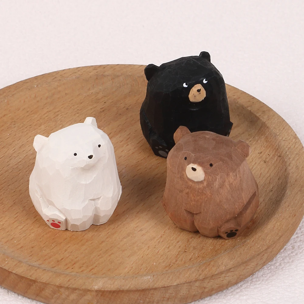 Mini Wooden Bear Figurine Handcrafted Miniature Polar Bear Animal Figurines Office Home Decor Art Carving Work