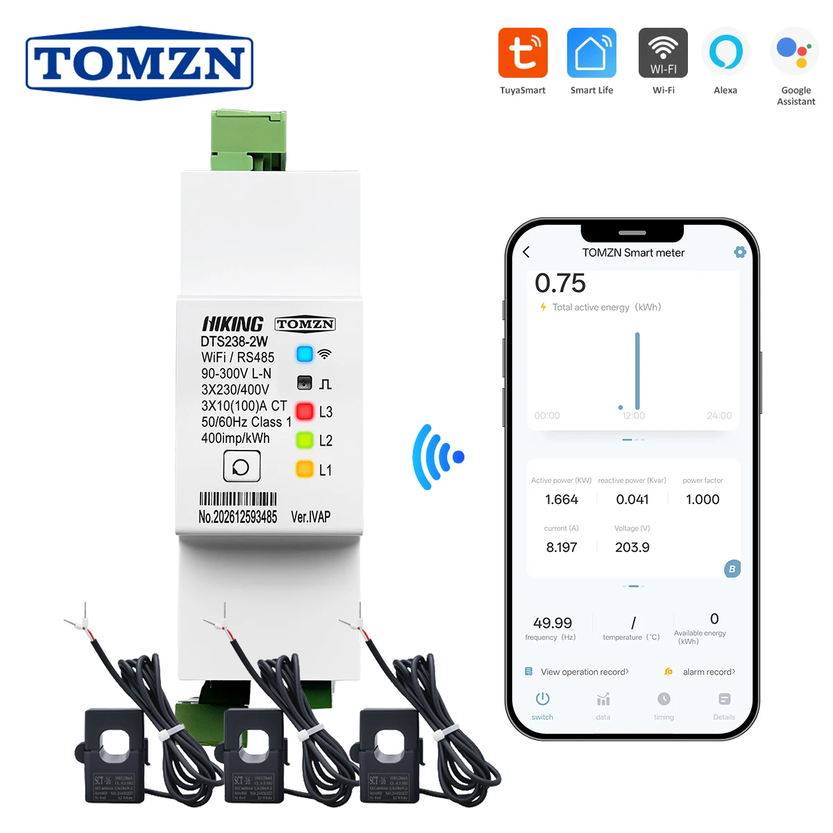 TOMZN 3 Phase 100A Tuya WIFI Smart Bidirectional Energy Meter CT Power Consumption Monitor kWh Meter Wattmeter SMARTLIFE RS485