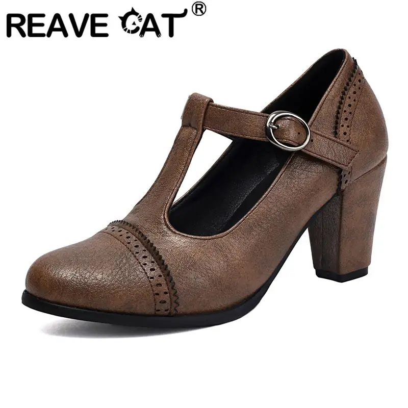 

REAVE CAT Брендовые винтажные классические женские туфли-лодочки с острым носком на массивном каблуке 7,2 см, с пряжкой и Т-образным ремешком, большой размер 41, 42, 43 Повседневная обувь для отдыха