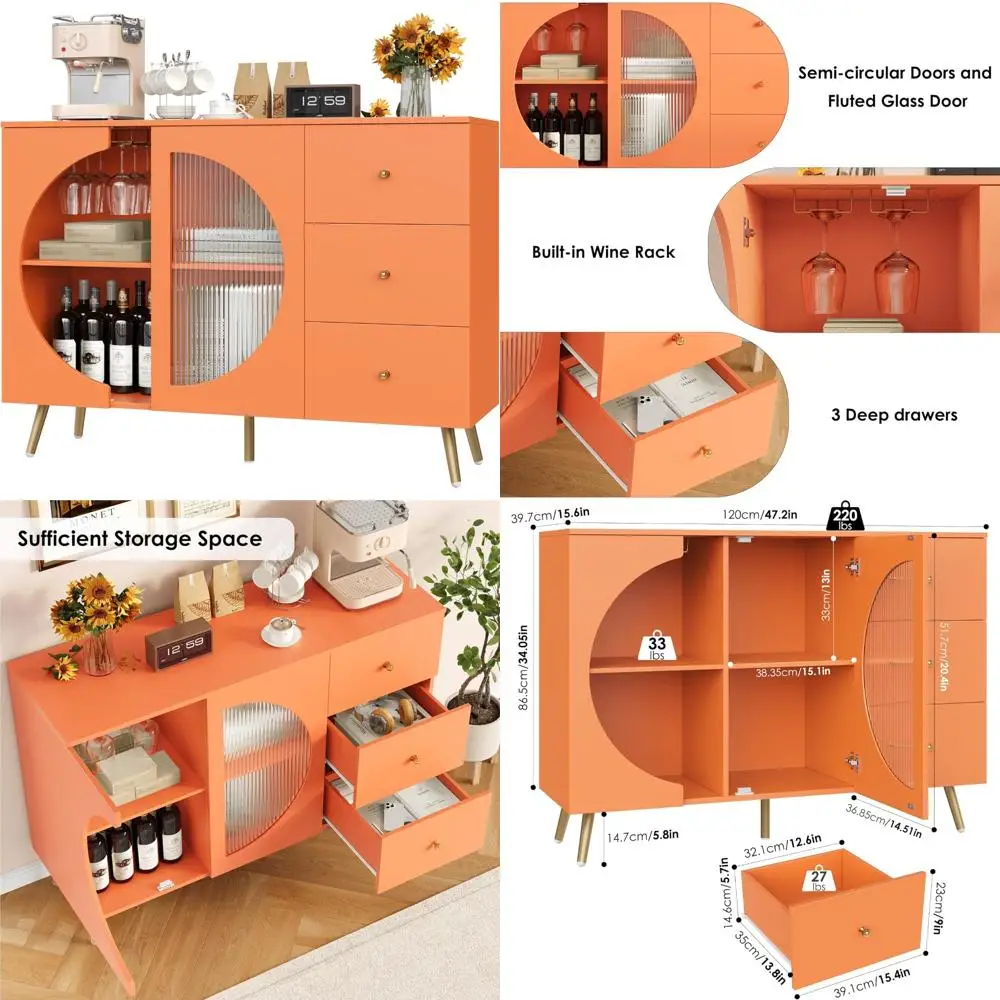 Modern Cream Buffet Sideboard with Fluted Glass Door and Wine Glass Rack