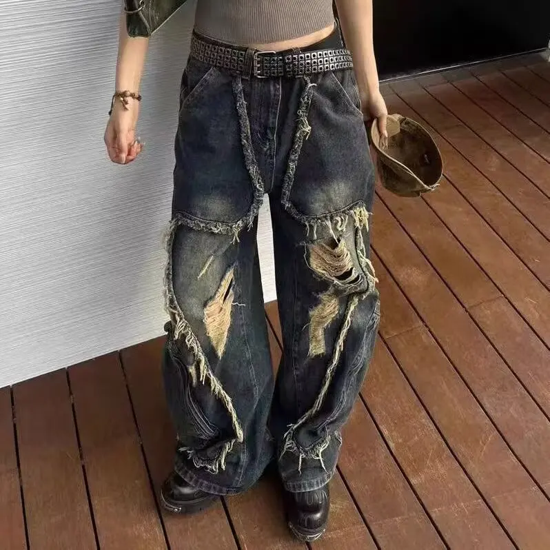 

Gothic Streetwear Y2k Bleached Baggy Jeans Women Blue Harajuku Denim Trousers Punk Vintage Pants KPOP Woman Clothing Clothes