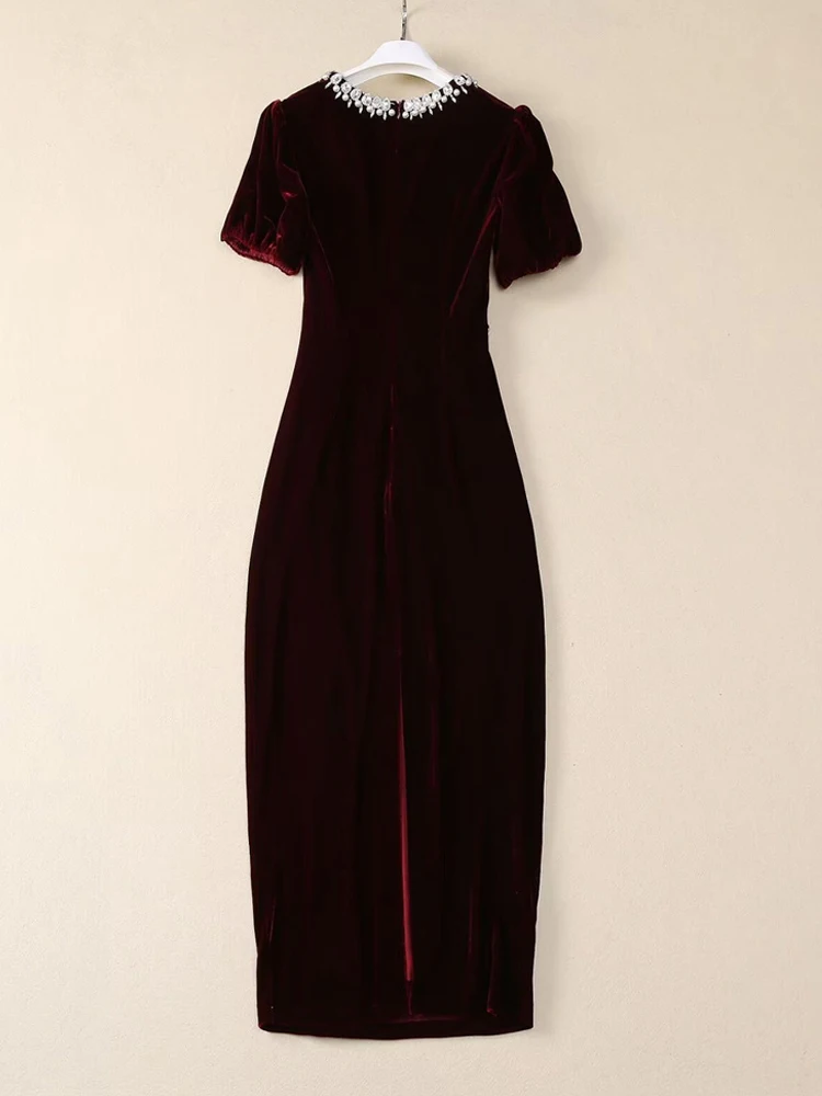 AELESEEN Elegant Long Velvet Dress Women Autumn Puff Sleeve Crystal Diamonds Collar Pearls Hollow Out Draped Split Slim Party