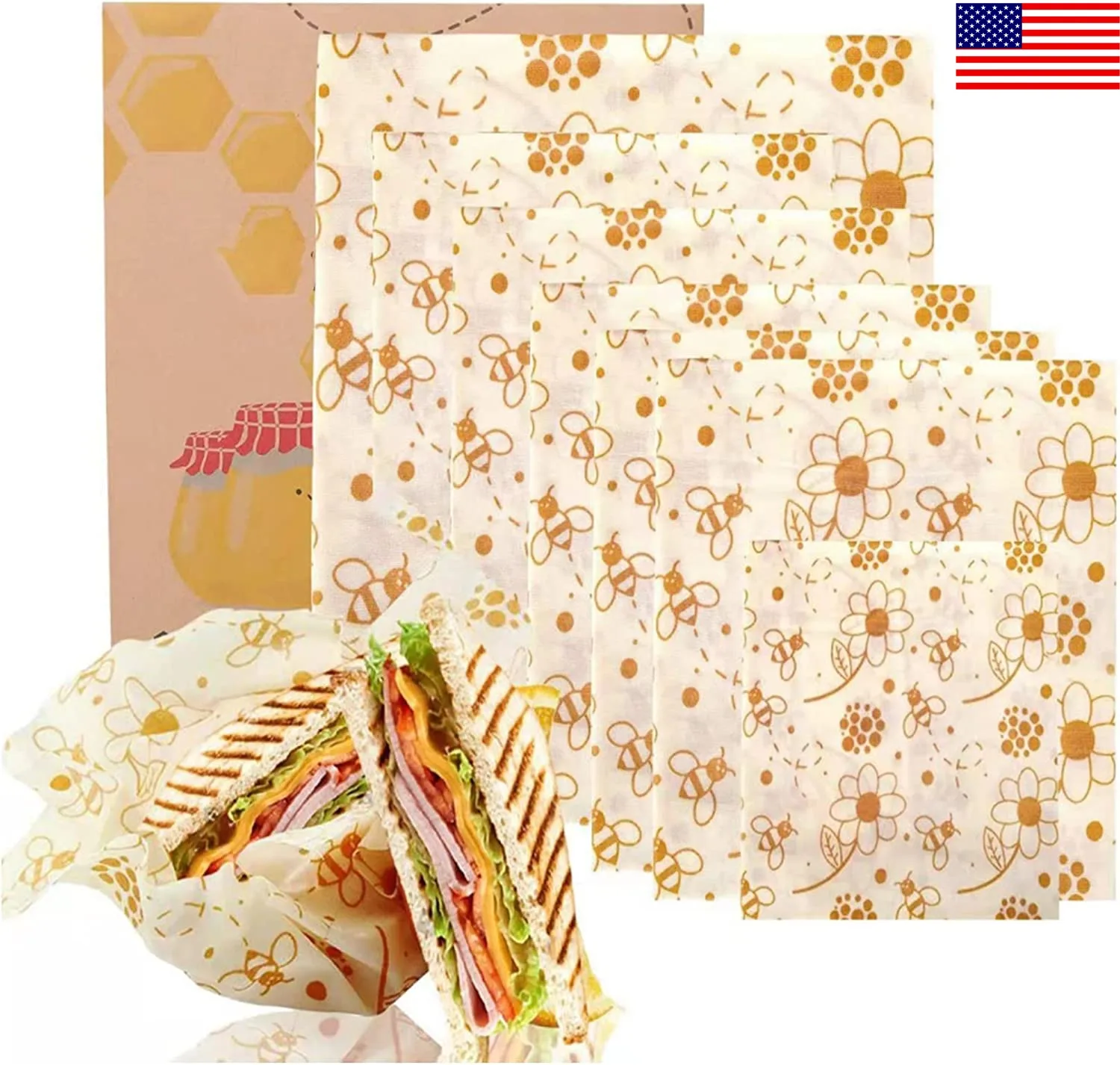 6pcs beeswax food packaging, easy to clean and recyclable, with three sizes of packaging paper for vegetables, fruits, and bento