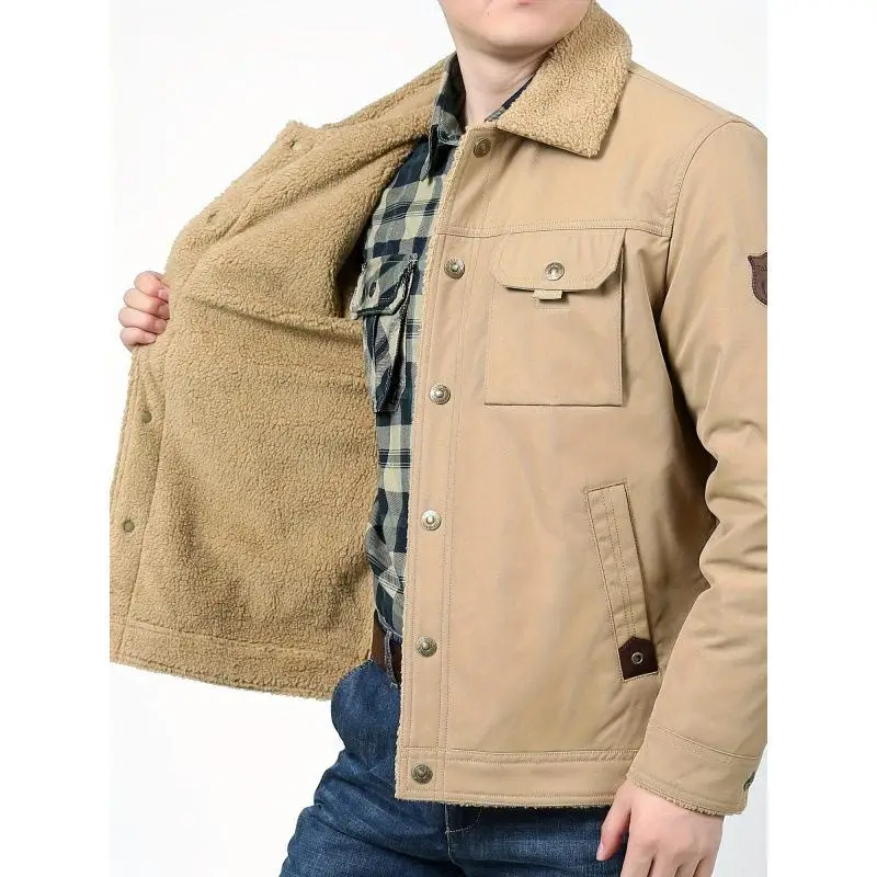Men's Fleece Lined Jacket S 77924 Spring Season Thickened PEVA Fiber PU Material Regular Length Seven Sleeve Flat Collar Jacket