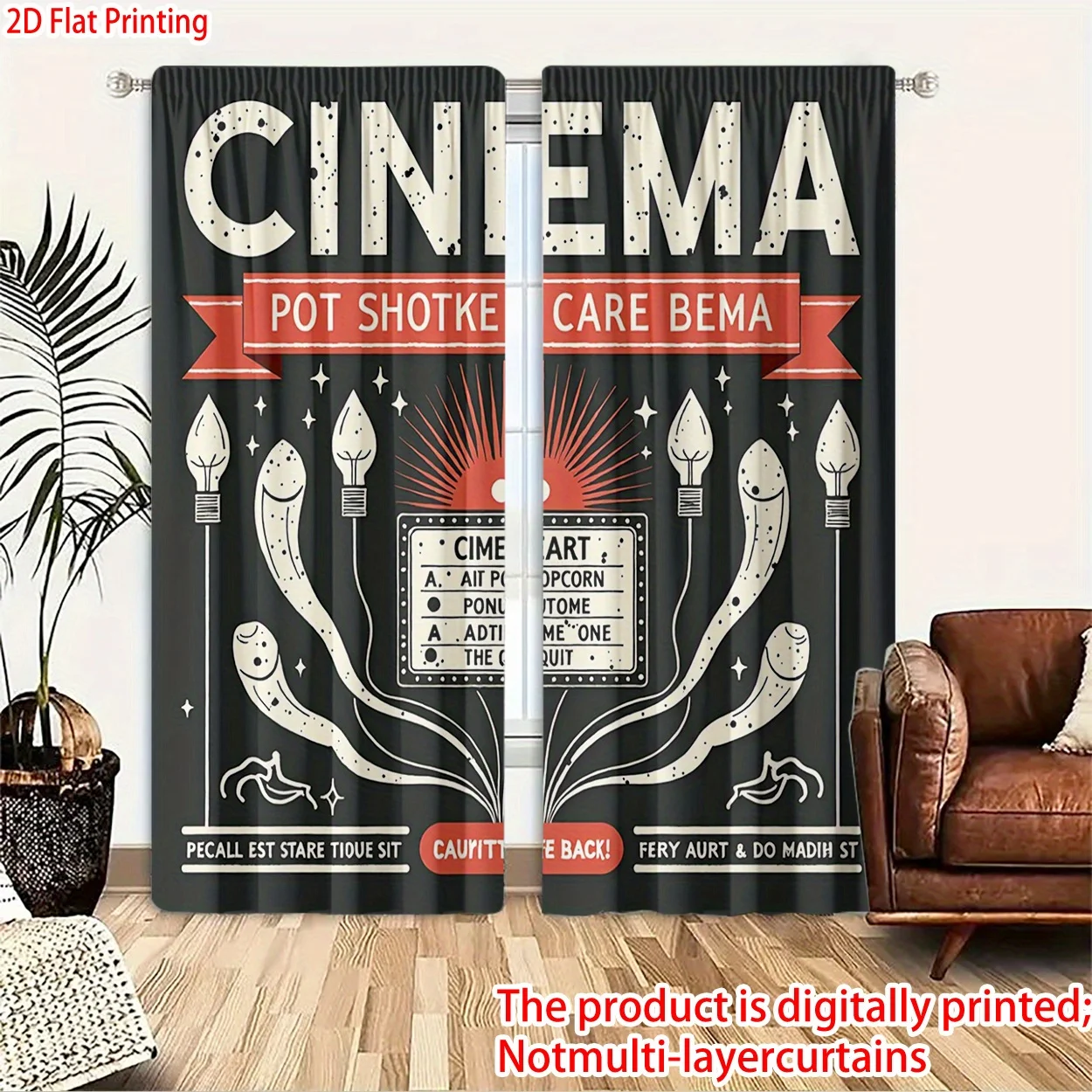 Vintage Cinema Movie Theater Curtain Retro Film Reel Projector Blackout Drapes Hollywood Style Window Treatment for Home Theater