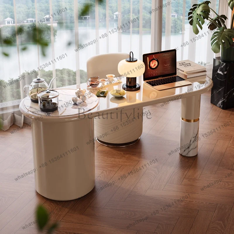 luxury stone desk tea table integrated dual-purpose high-end living room home balcony tea table Light luxury modern cream style