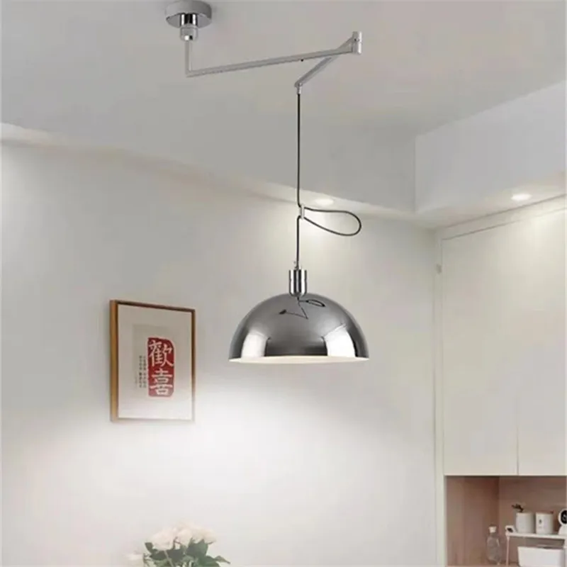 Balanço braço lâmpada pingente, Nordic Folding, Rotatable, Long Pole, Silver Lamp, Movable Hanging Light, Dining Table Light, Sala de estar e Estudo