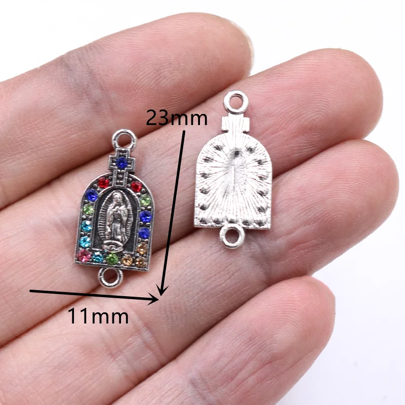 12pcs Silver Plated Handmade Colored Rhinestone Catholic Virgin MariaTag Cross Church Connectors DIY Charm Jewelry Crafts Making