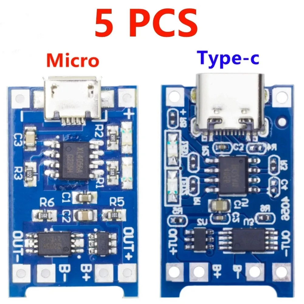 

5 шт., 5В 1A Micro/Type-c/Mini 18650 TP4056 модуль зарядного устройства литиевой батареи, зарядная плата с защитой, две функции, li-ion