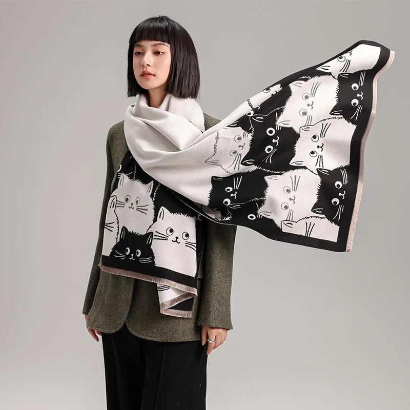 New Cute Cat Color‑Block Cartoon Women's Long Thickened Warm Faux Cashmere Large Shawl Autumn Winter Versatile Wrap Scarf