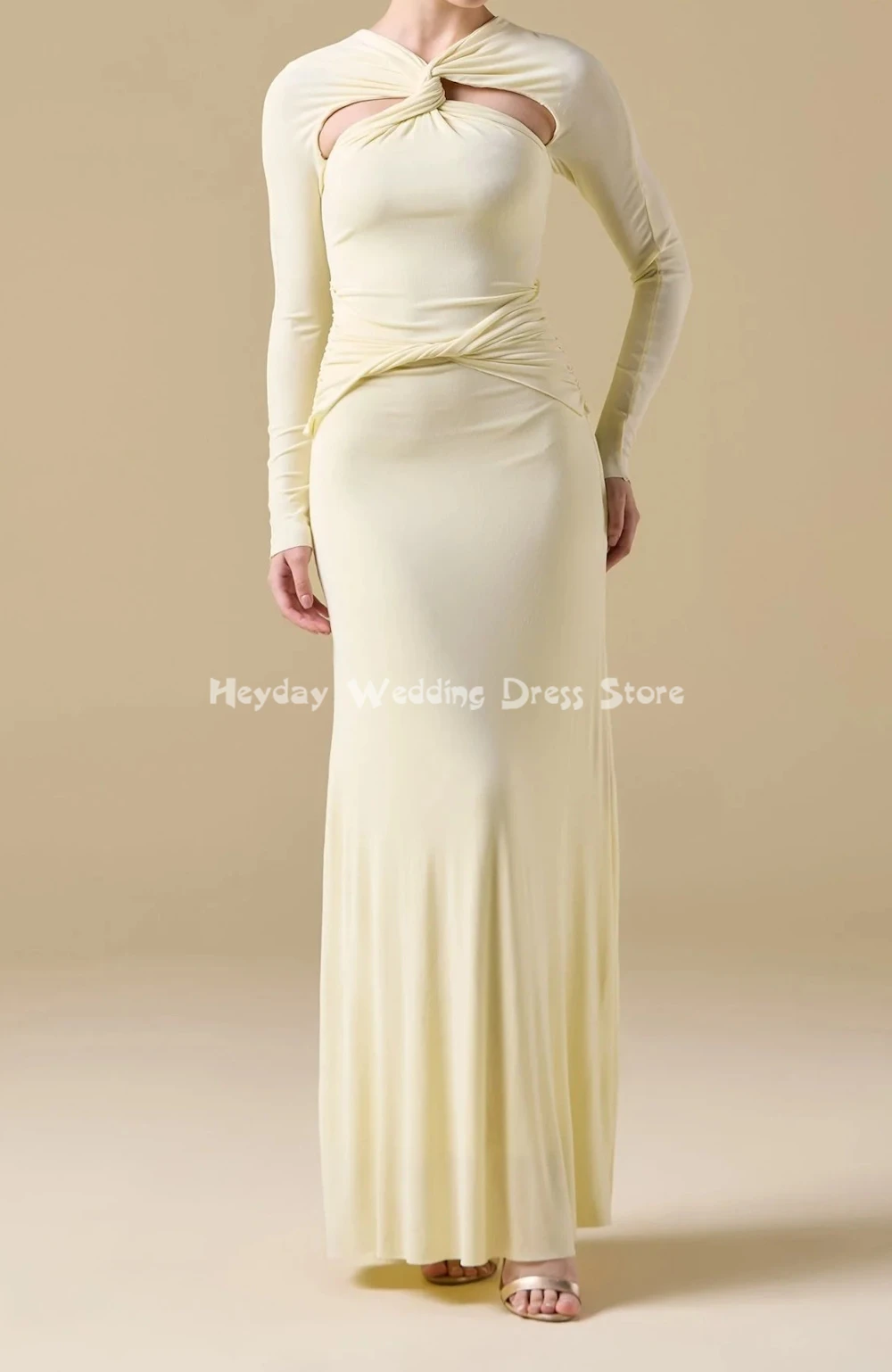 헤이데이 맞춤형 여성용 브이넥 플리츠 머메이드 사우디 이브닝 드레스 긴 소매 바닥 길이 우아한 파티 드레스 2025