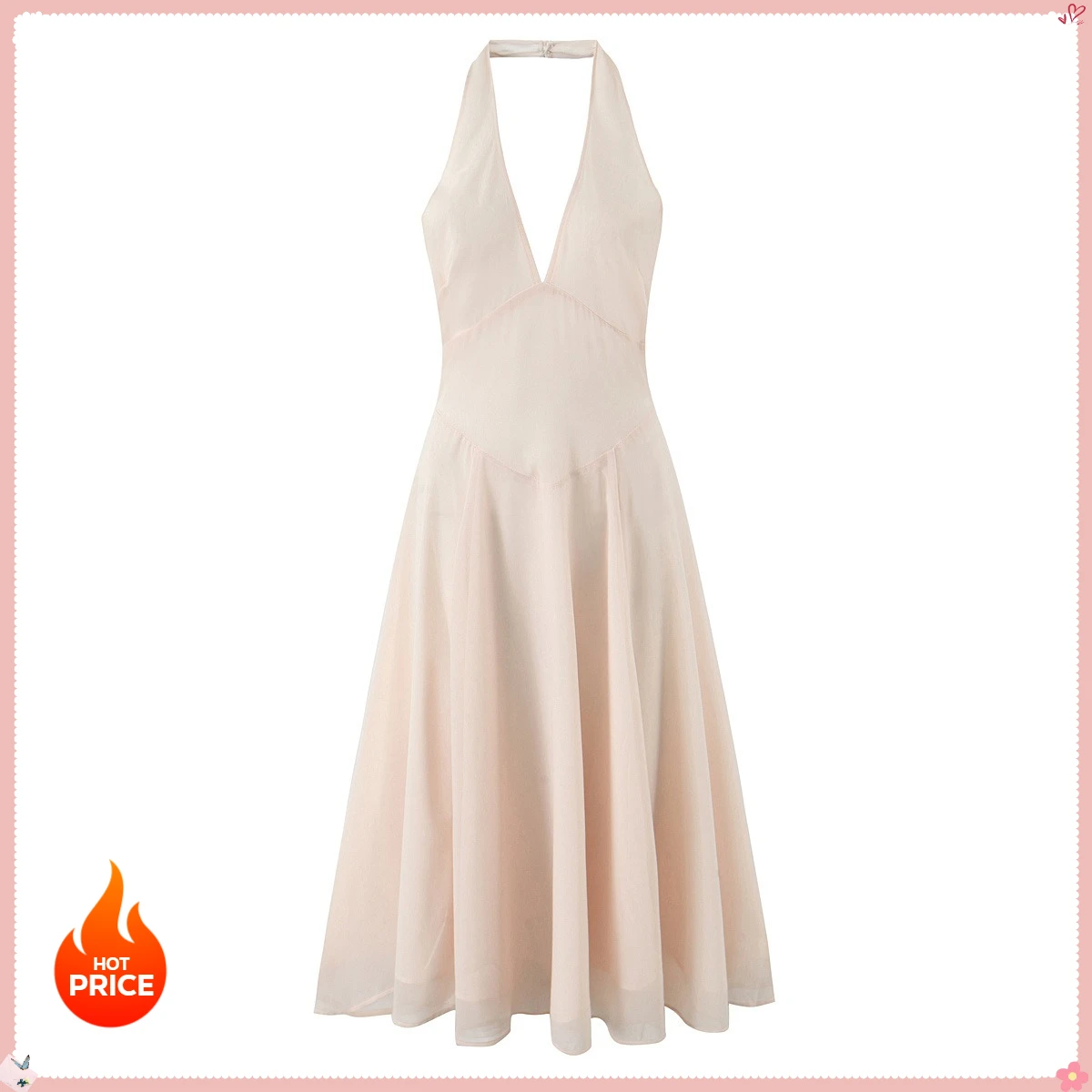 เดรสยาวปานกลางทรงเข้ารูป คอวีผูกคอแบบหวาน สไตล์วินเทจฝรั่งเศส สำหรับงานปาร์ตี้ ปี 2025