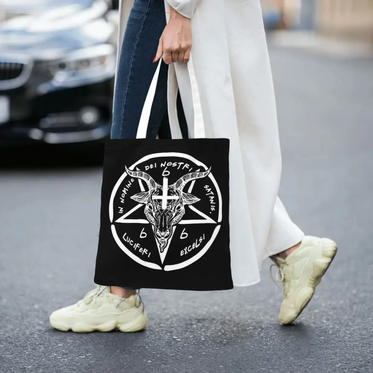 Occulte satanische pentagram boodschappentassen canvas de draagtas opvouwbaar voor dames schoudertas reishandtas