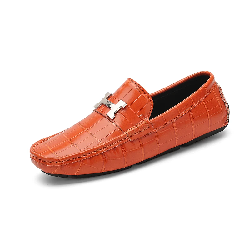 Fashion Orange Men's Loafers Classic Slip-on Designer Leather Casual Shoes Men Moccasins Comfortable Non-slip Driving Shoes Man