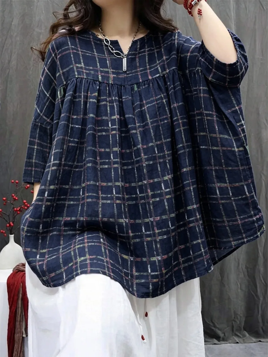 Retro Flax Print Maxi Doll Shirt Women's Loose Casual Artistic Seven Sleeve Blouse Summer Thin V-neck Regular-length T-shirt