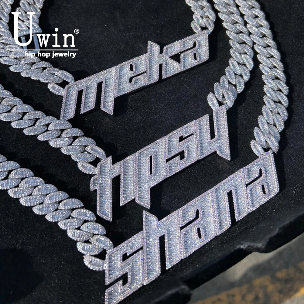 UWIN Sporty Custom Name Pendant Welded Cuban Chain Necklace Iced Out Pink Framed White Cubic Zircon Hip Hop Jewelry For Gift