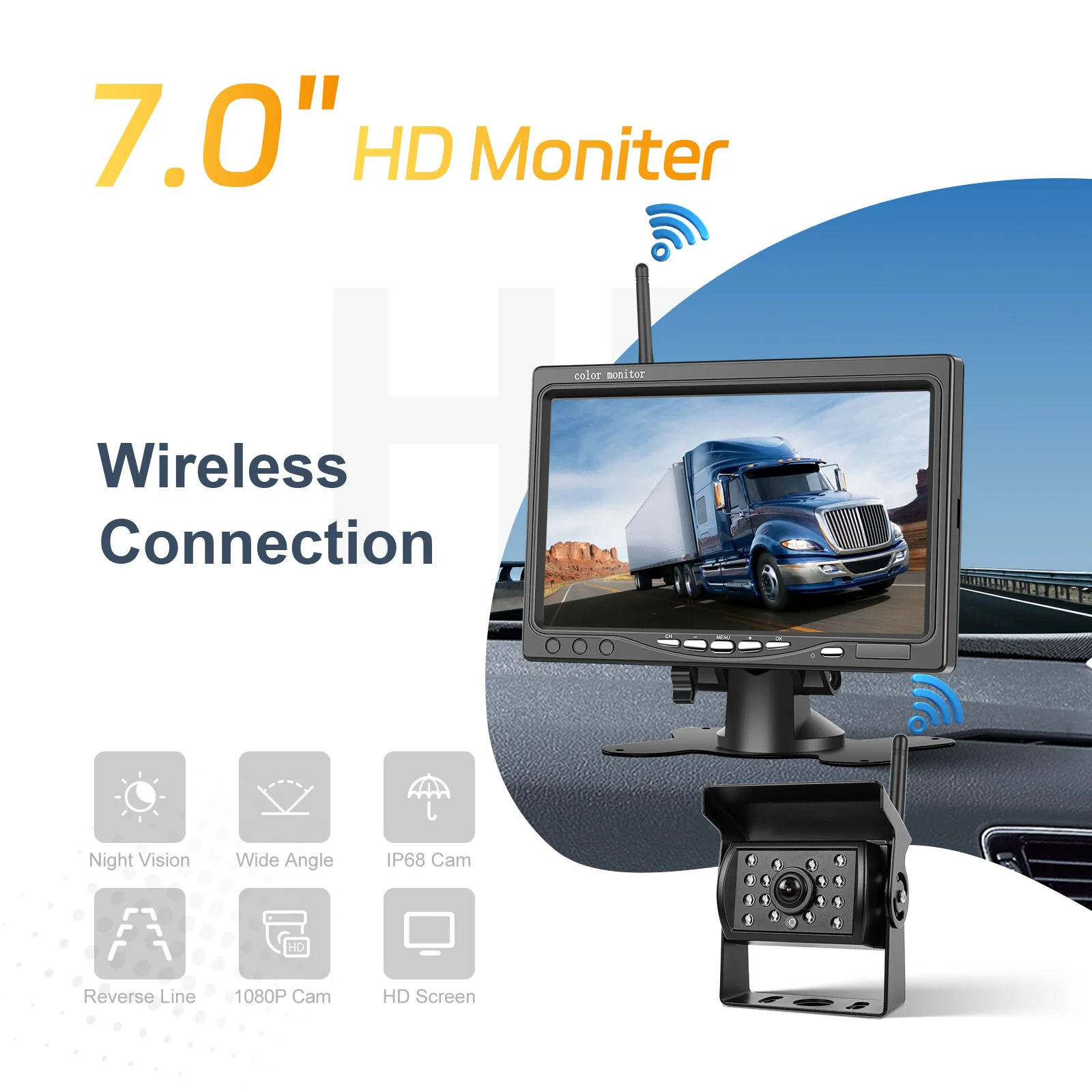 Monitor IPS da 7" per auto Degreat, telecamera di retromarcia wireless impermeabile con BSD per camion/autobus/camper