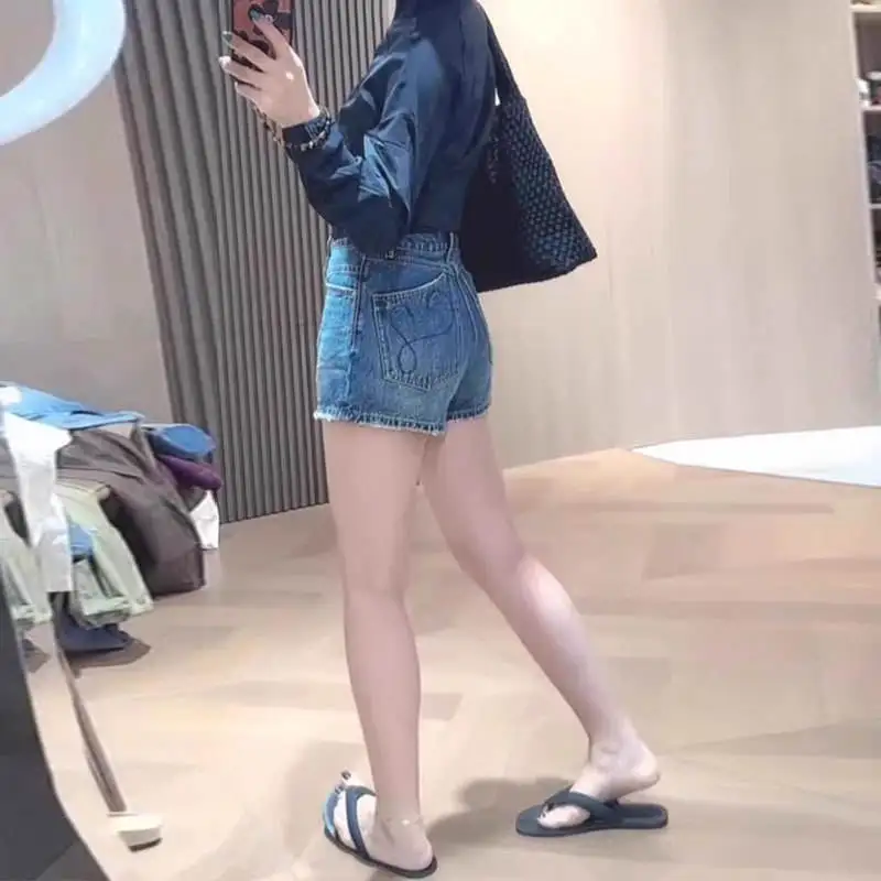 High Waist Embroidered Blue Jeans Shorts Women Summer Thin Wide Leg Pants Flattering for Pear Shaped plus Size Hot Pants