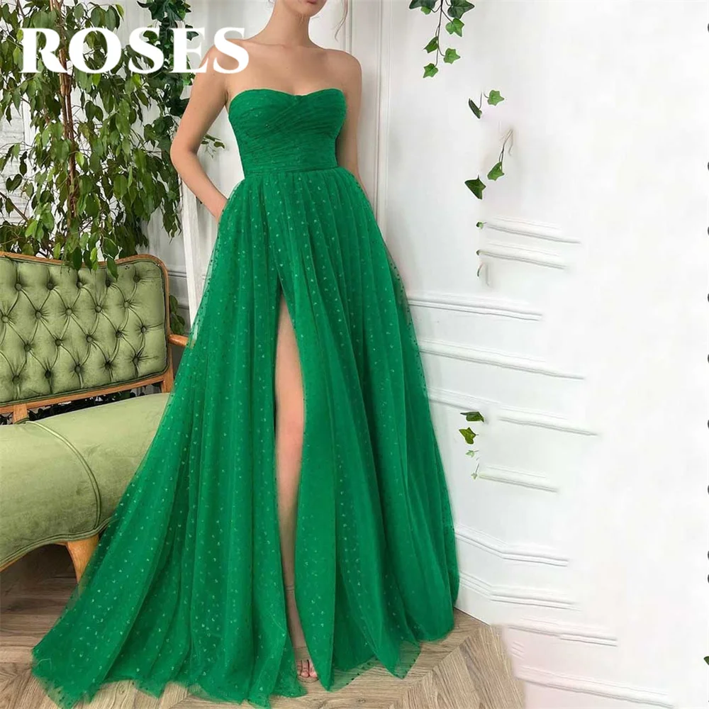 

ROSES Green Tulle Evening Gown Elegant Prom Dresses Sweetheart Sleeveless Wedding Evening Dress with High Split robes de soirée