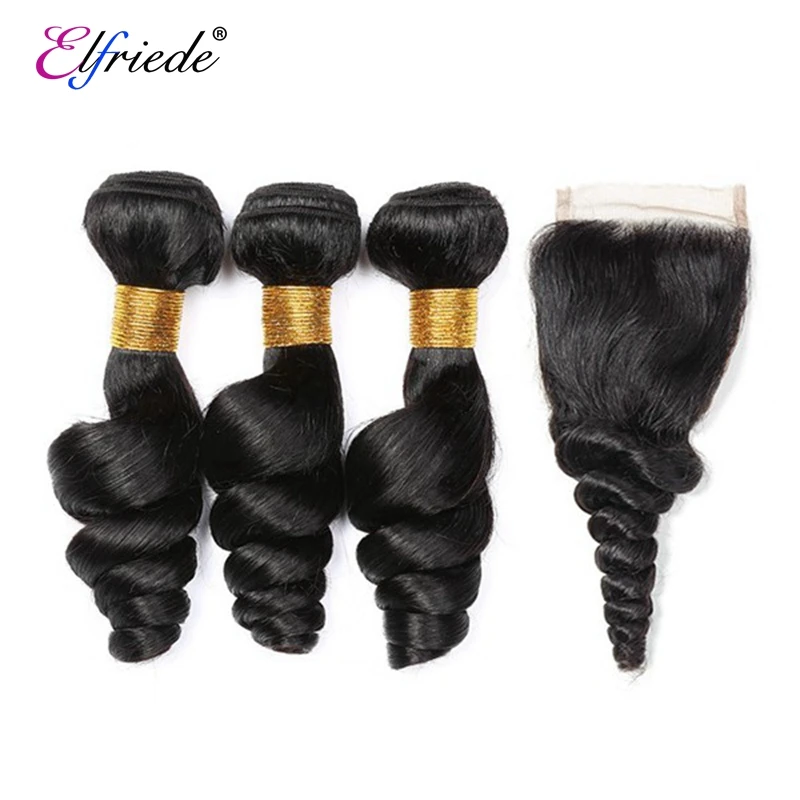 Elfriede Natural Black Loose Wave Bundles with Closure Brazilian Human Hair Weaves 3 Bundles with 4X4 Transparent Lace Closure