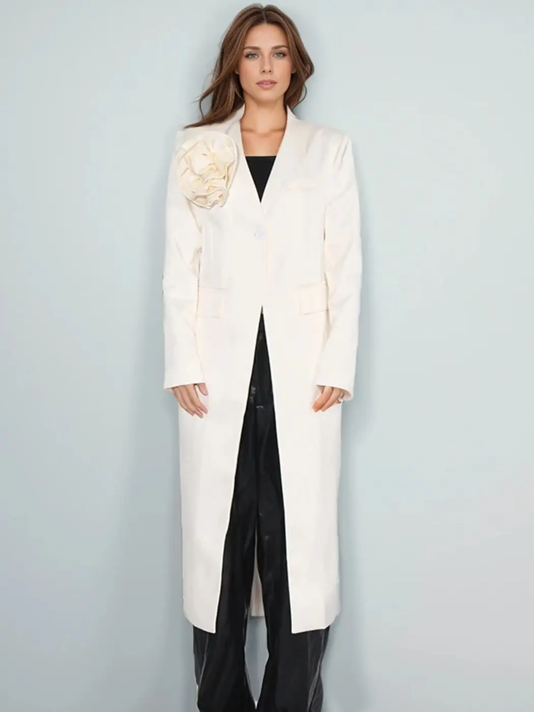 

Flower Pocket Long Blazers For Women V Neck Long Sleeve Loose Minimalist Elegant Coat Female French Fashion Jacket Long Outwear