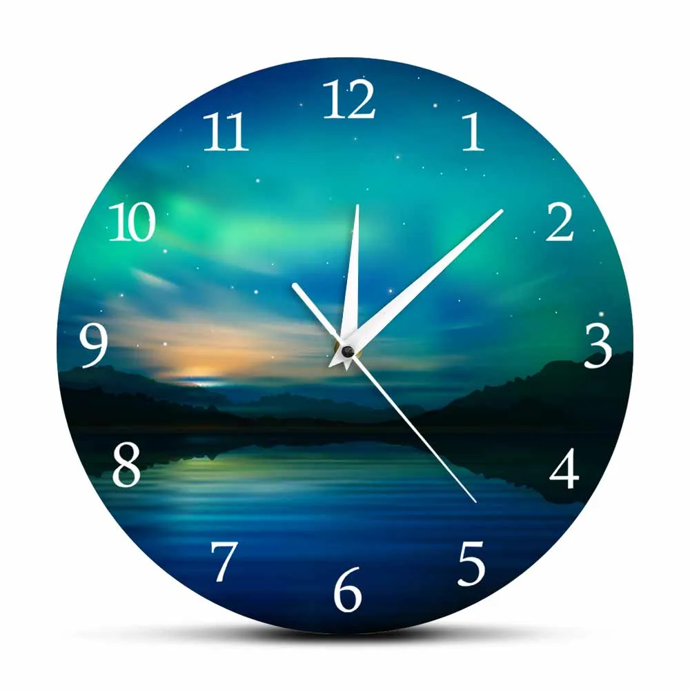 

Northern Lights Norway Nature Landscape Printed Wall Clock For Bedroom Polar Lights Aurora Borealis And Mountains Wall Watch