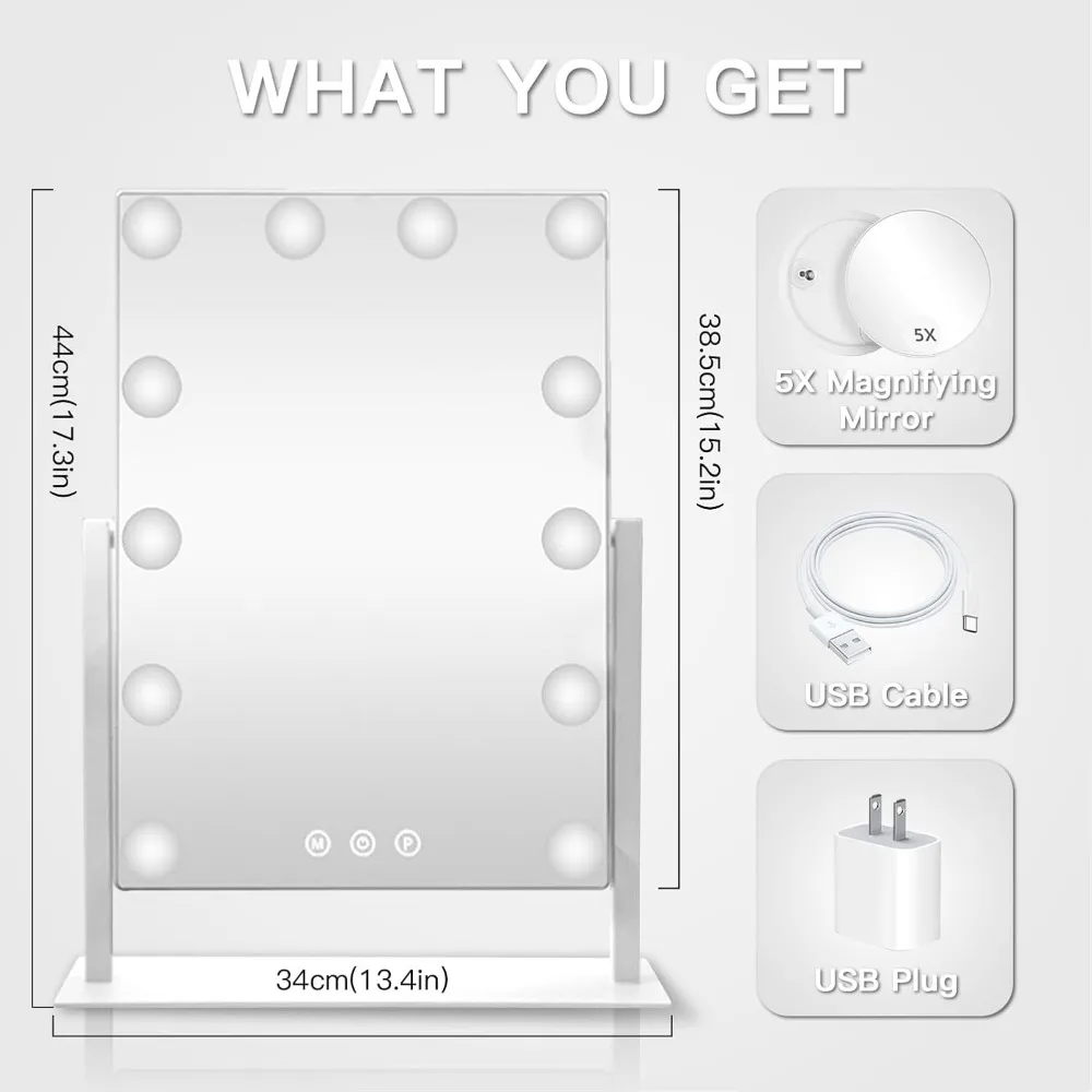 Miroir de courtoisie avec 12 ampoules à intensité variable, 3 modes de couleur, grossissement 5X, commande tactile intelligente et 360 °   Rotation dans une boîte cadeau blanche