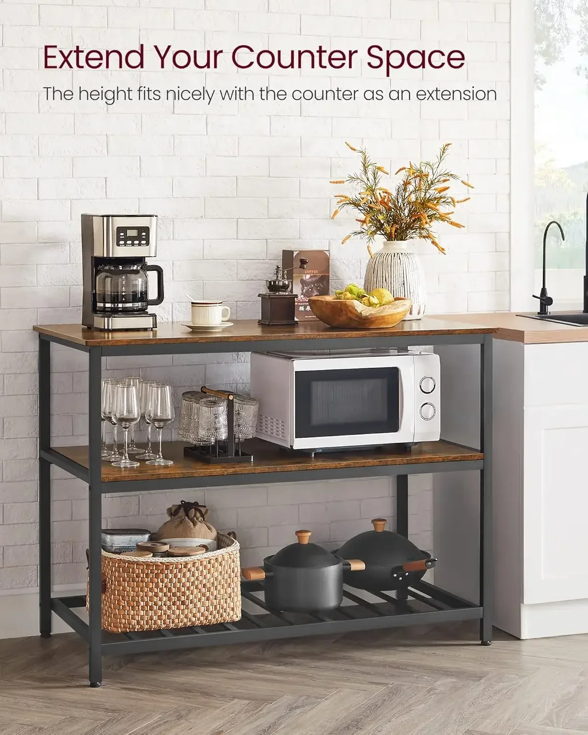 VASAGLE Kitchen Island with 3 Shelves, 47.2 Inches Width Kitchen Shelf with Large Worktop, Stable Steel Structure, Industrial,