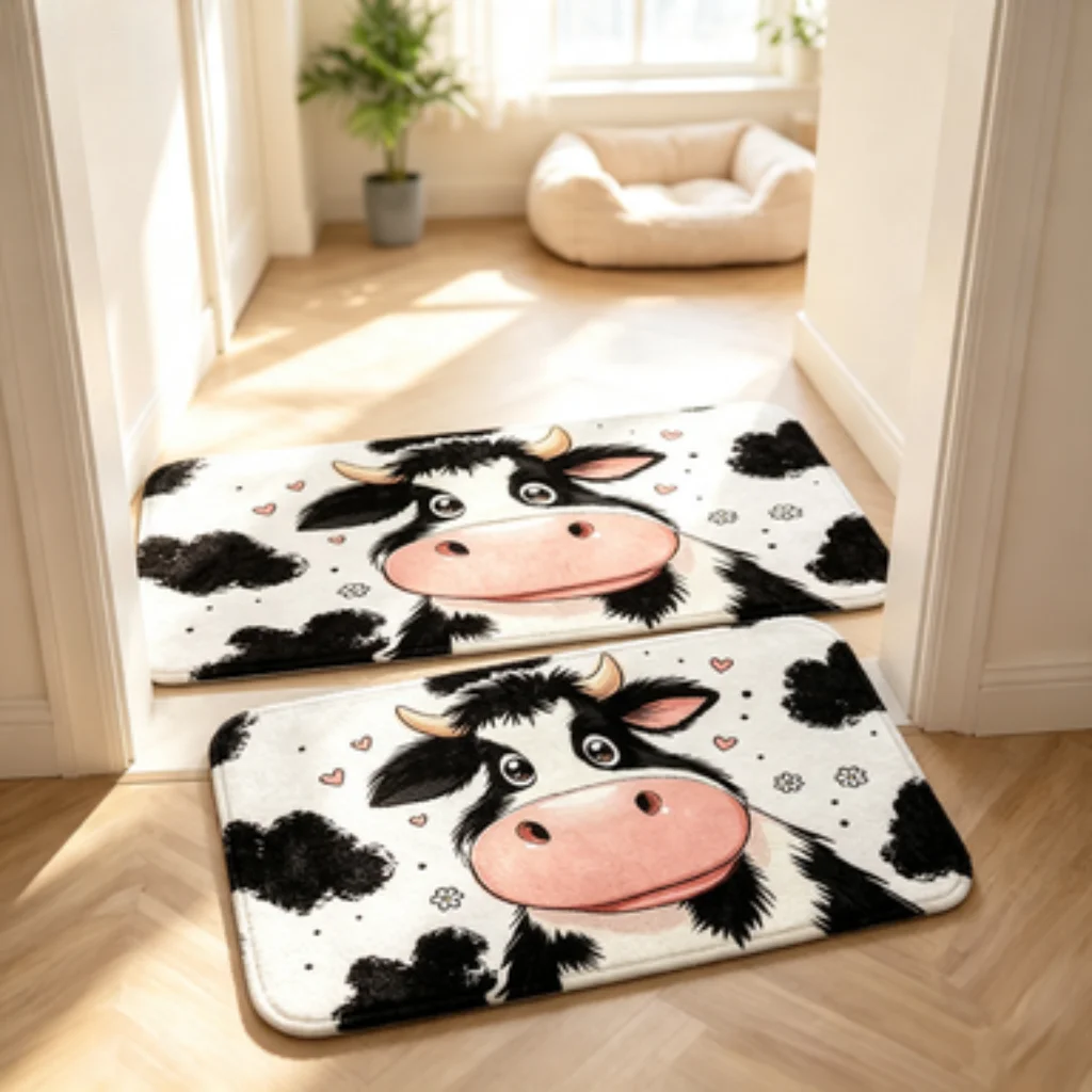 Black White Cow Monster Letter Mat, Cow Spot Print Mat, Cow Monster Bedside Mat, Black White Cartoon Letter Door Mat.