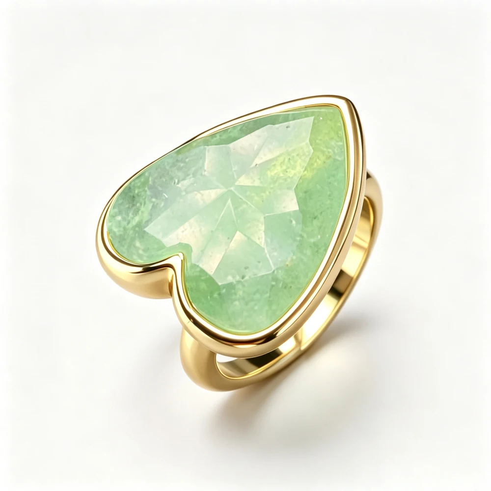 New Design Natural Green Strawberry Quartz Rings Yellow Gold Gemstone Heart 15*18mm for Women Birthday Party Gift Daily Wear