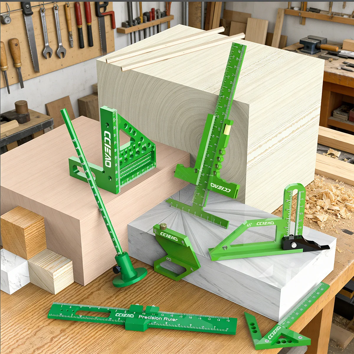 Woodworking green measuring tool kit with storage box 10-piece set Project planning layout Wood board splicing auxiliary set