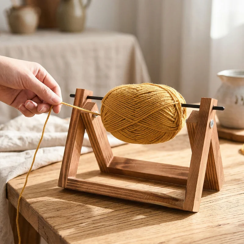 Solid Wood Yarn Winder Stand Hand-Woven Rotating Spool Holder Home Use Yarn Ball Organizer Storage Base for Knitting Accessories