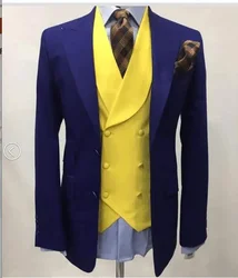 Royal Blue Wedding Suit For Men Slim Fit High Quality Prom Groom Tuxedo Custom 3 Piece Blazer Masculino Jacket Pants Yellow Vest