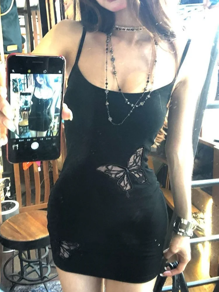 Hot Cami Strap Bodycon Mini Dress Women Stylish Hollow Design Black Dress Chic  Daily Party Street