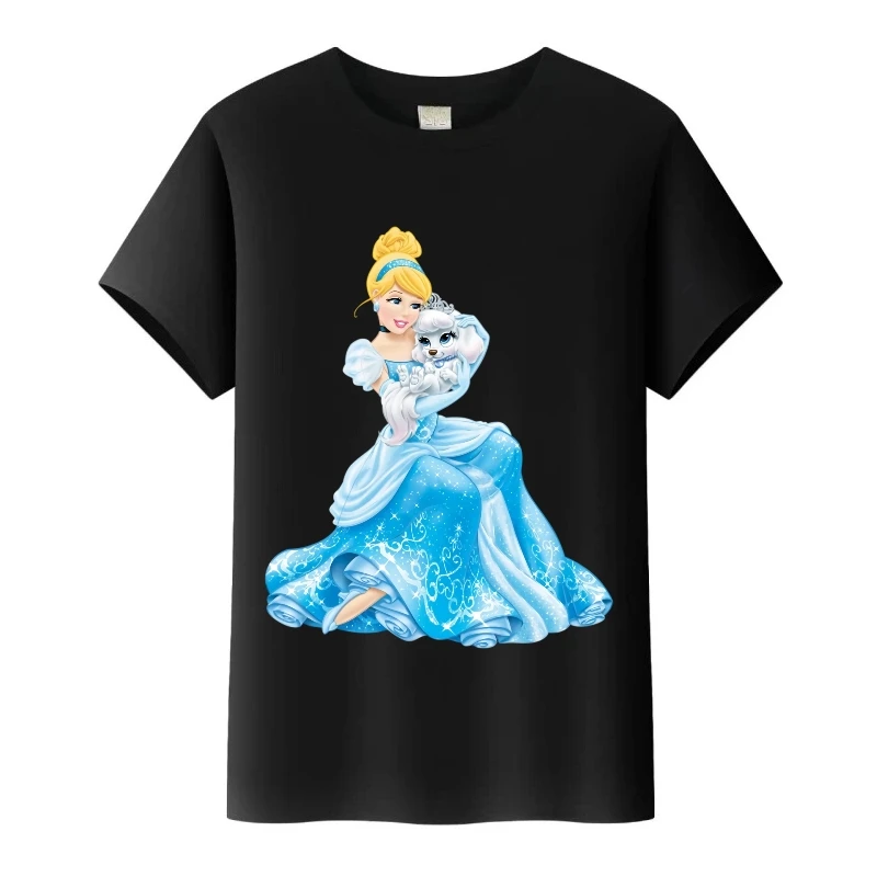 

Футболки с принтом принцессы Золушки Диснея, топы с круглым вырезом, женская одежда, блузки для девочек, футболка с короткими рукавами, летняя свободная футболка
