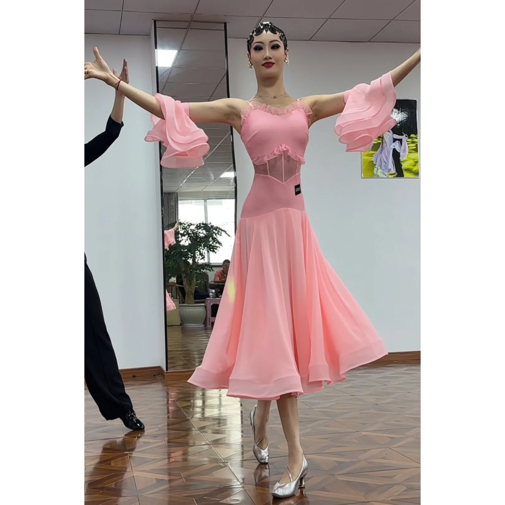 Rosa dança de salão desempenho vestido braçadeiras feminino baile clube valsa dança traje competição vestido palco dança wear bl16794