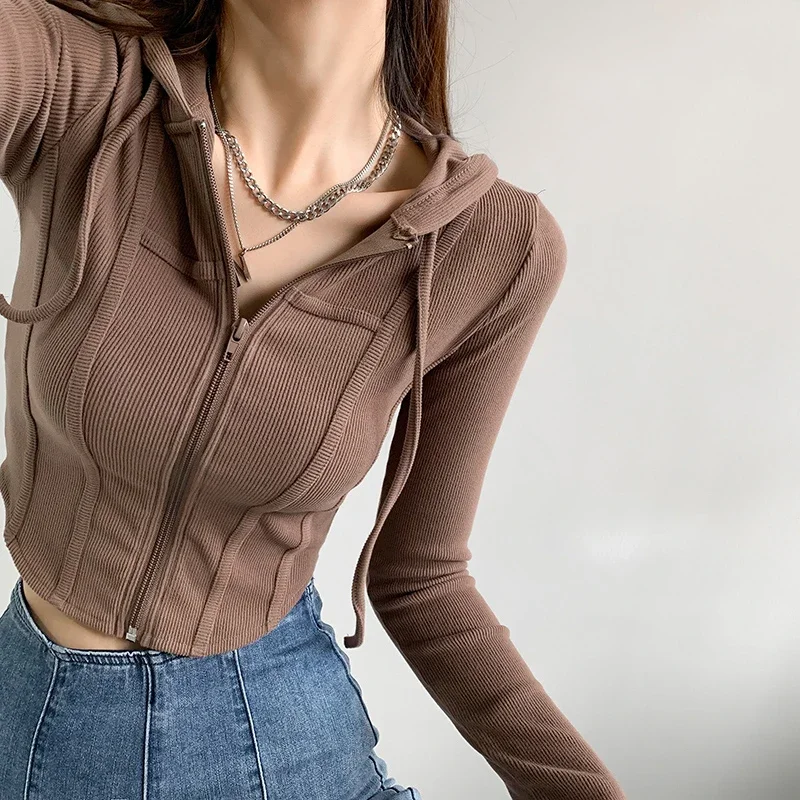 Women Zipper Drawstring Hooded Coat Long Sleeve Irregular Cropped Top Slim Y2K Streetwear Hoodies T-shirt Spring Summer