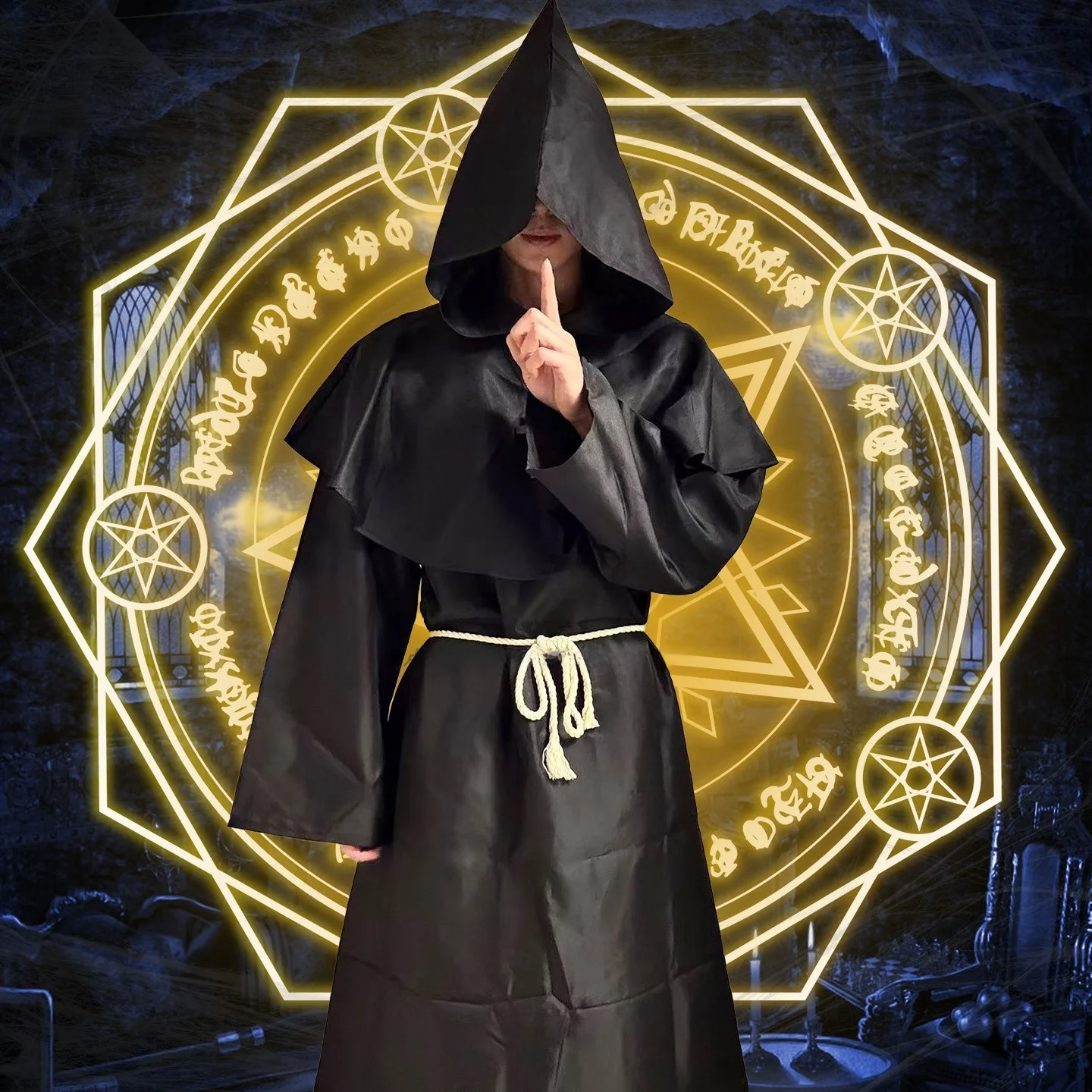 

Black Cowl Neck Robe Men's Wizard Costume Halloween Party Wear Long Sleeve Long Pants Youth Size Cosplay Outfit for Men