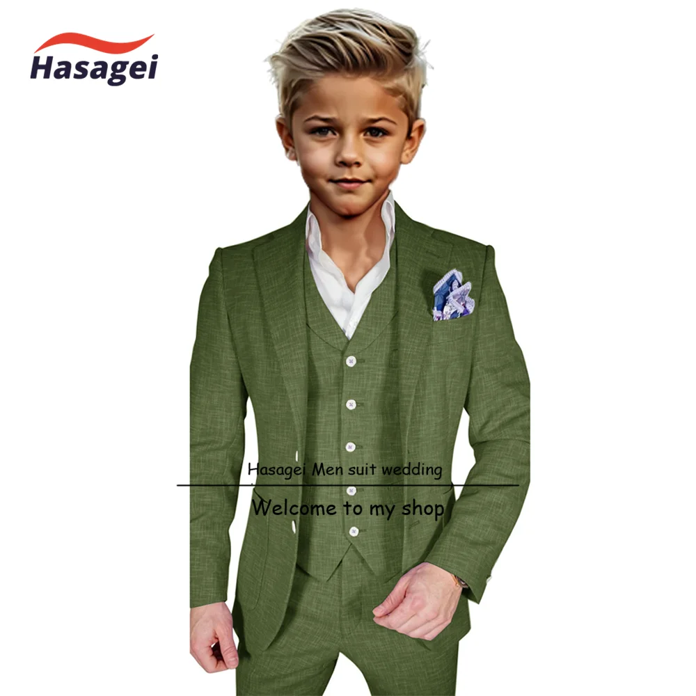 Green Linen Boys Suit 3 Piece Set Summer Breathable Jacket Pants Vest Fashion Wedding Tuxedo Kids