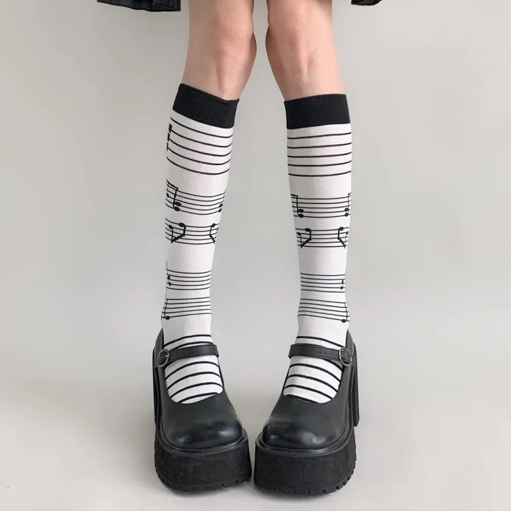 Color Block Music Note Mid-Calf Socks for Women Vintage Y2K Lolita Striped Knit Crew Socks Niche Retro Cute Long Boot Socks