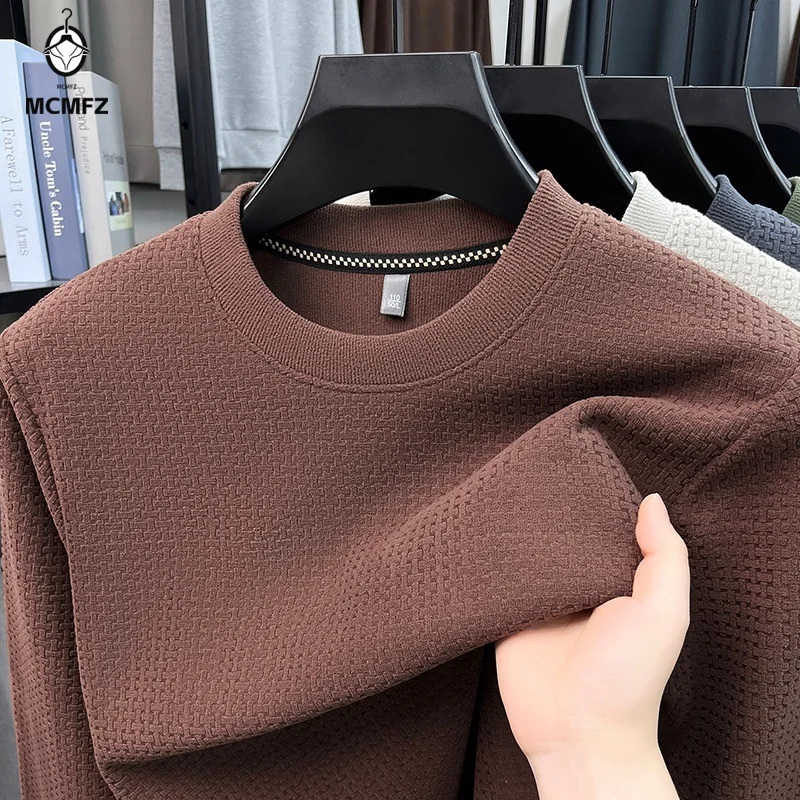 Mens Waffle Weave Crew Neck Pullover Long Sleeve Textured Knit Sweatshirt Soft Fabric For Autumn Daily Casual Use