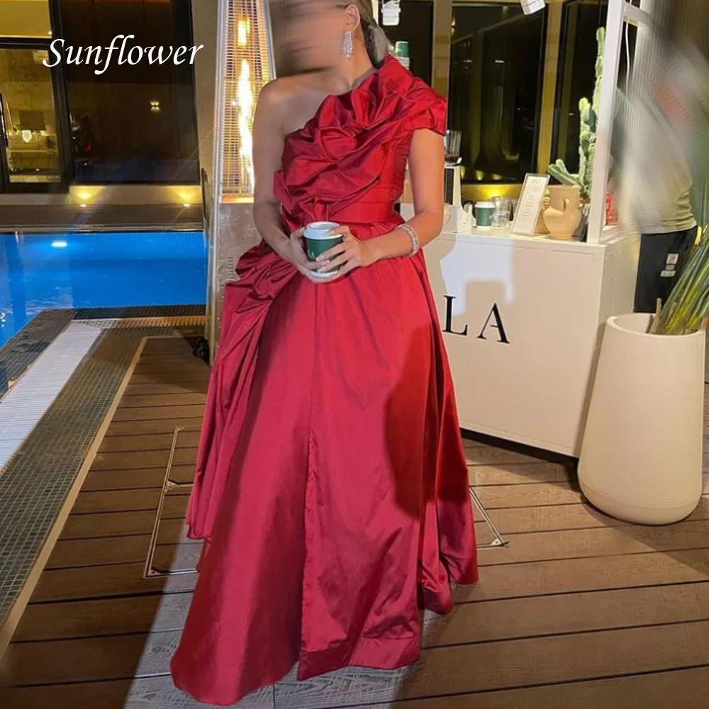 

Sunflower Red One-Shoulder Prom Gowns Ruffles A-LINE Evening Dress Slim Fit Pleat Party Dress 2023 Satin High-end Custom