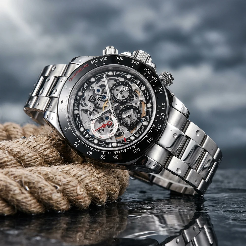 

PAGANI DESIGN Men Automatic Mechanical Watch Skeleton Hollow Dial100M Waterproof Stainless Steel Sport Wristwatch Reloj Hombre