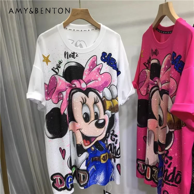 

Heavy Craft Rhinestone T-shirt Cute Cartoon Bow Crew Neck Short Sleeved Mid-length Top Y2k Oversized Slimming Top Tshirt Summer