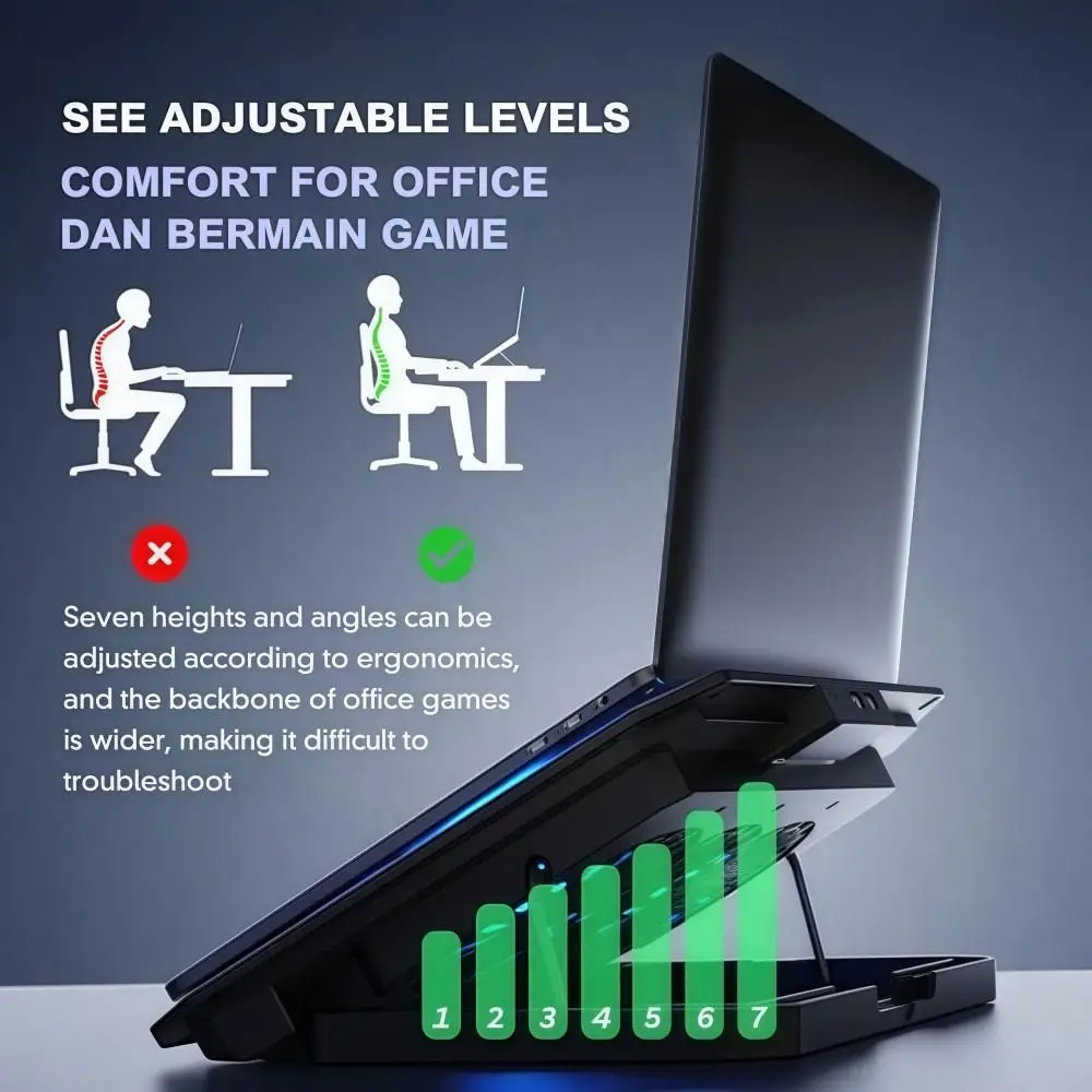 Two Fan Laptop Cooler Adjustable with Phone Holder Large Cooling Pad Stand RGB 7-speed Adjustment Laptop Cooling Base