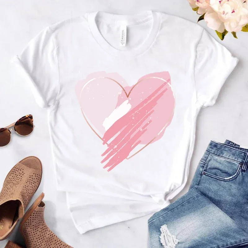 

LE Women's Heart Flower Print T-shirt, Ladies Casual Basis, O-Collar, White Short Sleeve, Love Graphic Print, XXXL, 2024