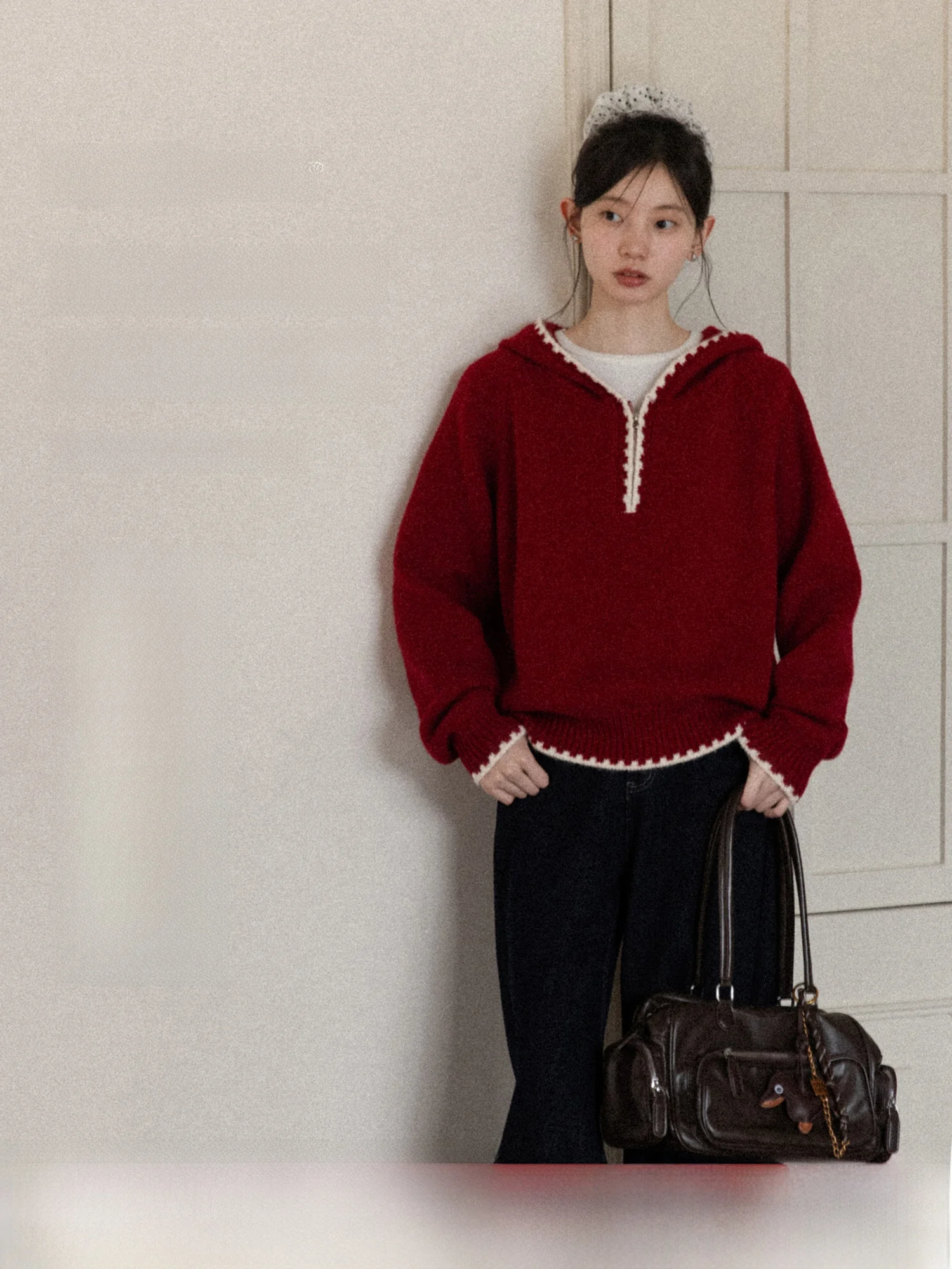 

Red Hooded Loose Knitted Sweater Women's Winter Commute Versatile Top Soft Comfortable Casual Sle Long Sve Zipper Closure